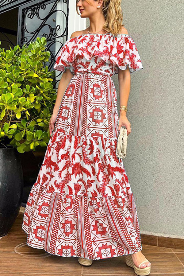 Irene Print Off the Shoulder Belted Ruffle Maxi Dress