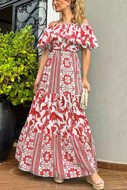 Irene Print Off the Shoulder Belted Ruffle Maxi Dress