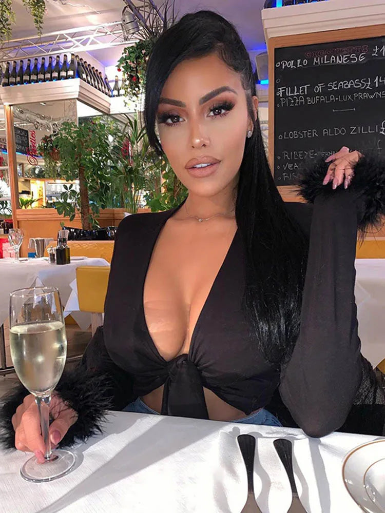 Long Sleeve Fur V-neck Wrapped Bandage Crop Tops Autumn Winter Club Party Outfits T-shirts