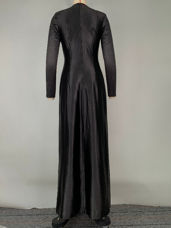 Color Bodycon Long Sleeves Pleated Split-front Tied Waist Deep V-neck Maxi Dresses