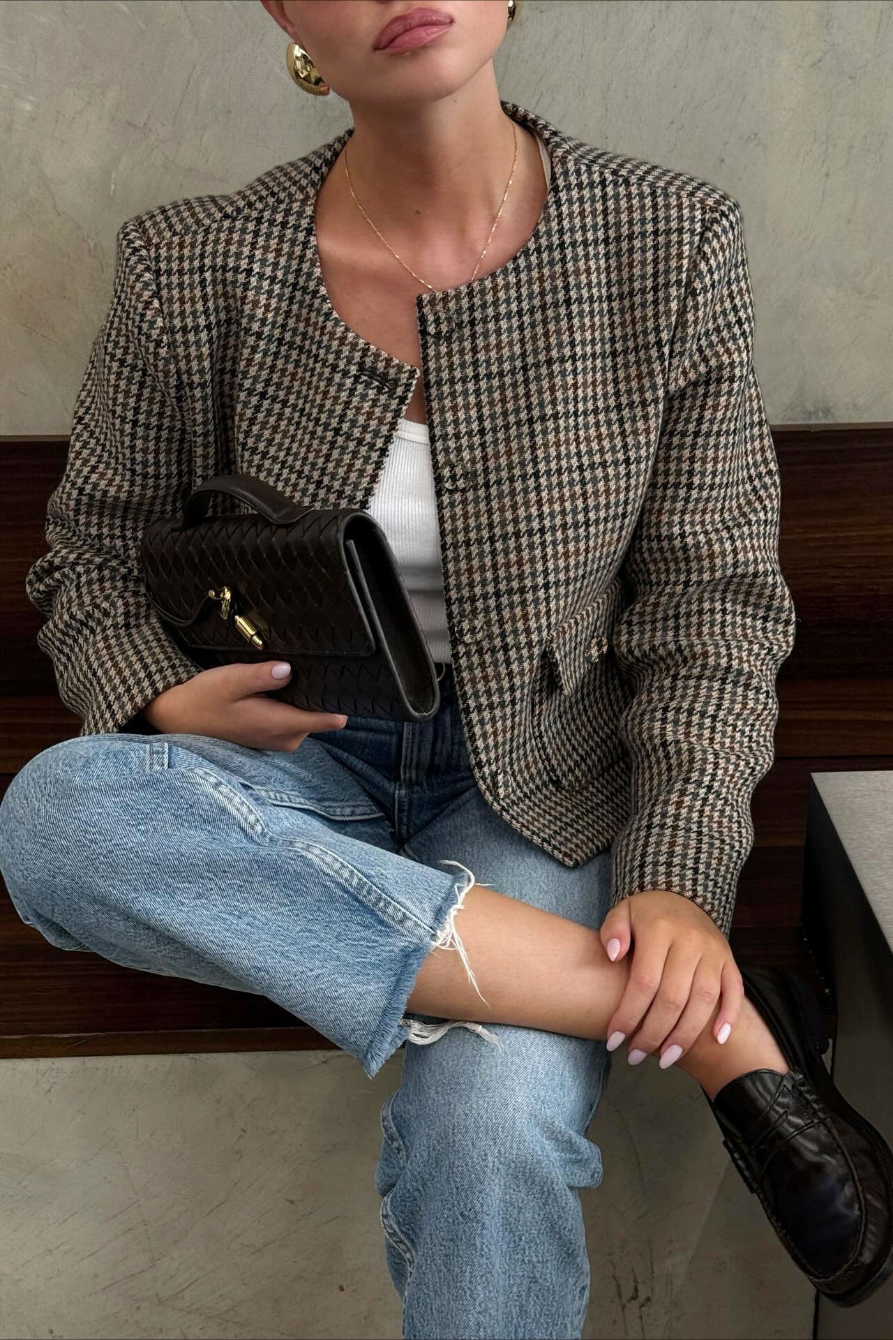 Plaid Sleek Designer Style Blazer Coat