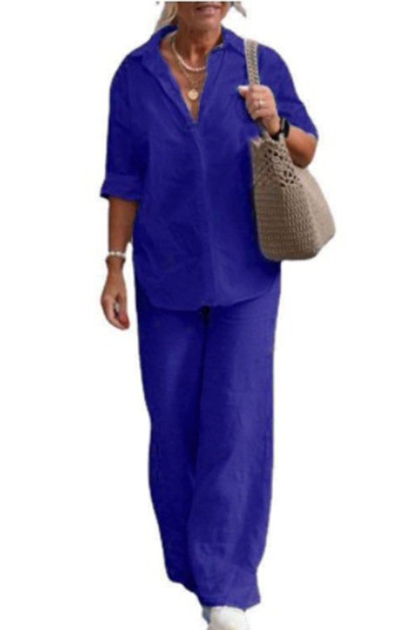 Color Long-sleeved Shirt and Elastic Waisted Loose Wide-leg Pants Set