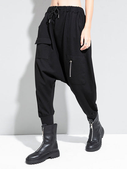 Simple Black Elasticity Waist Pockets Harem Pants Ws012