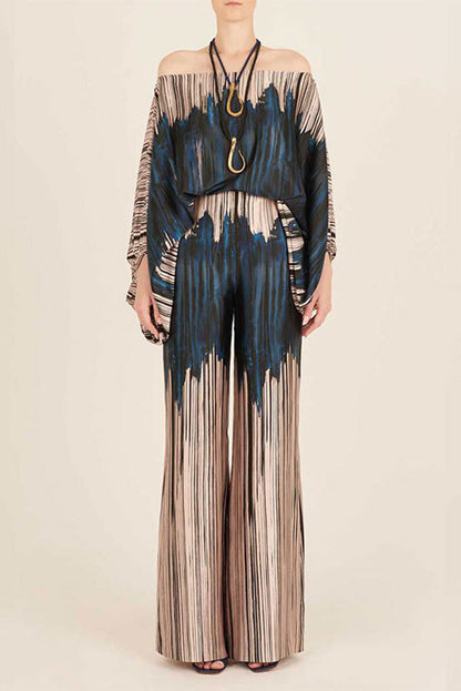 Coco Satin Unique Print Off Shoulder Dolman Sleeve Top and Loose Wide Leg Pants Set