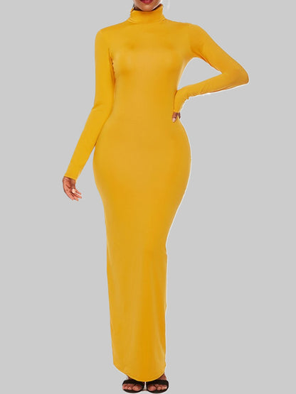 Bodycon Long Sleeves Color High Neck Maxi Dresses