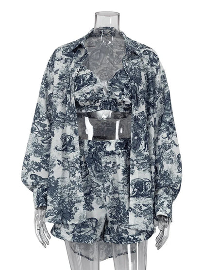 Retro Ink Shirt Three-piece Shorts Suit ’s Summer Long Sleeve Button Print Shirt With Shorts Suit