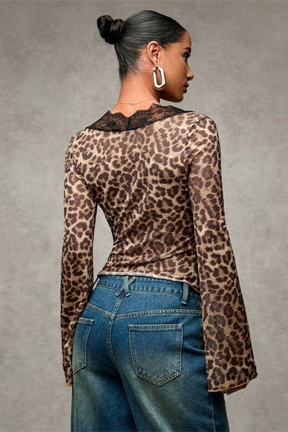 Lace Paneled Leopard Print Ruffled Cardigan Blouse