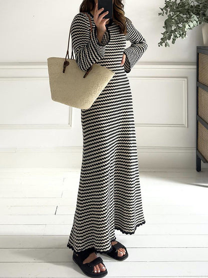 High Waisted Long Sleeves Contrast Color Striped Tied Round-neck Midi Dresses Sweater Dresses