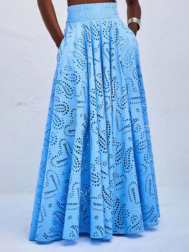 Exquisite Embroidered Hollow Lace Long A-line Skirt