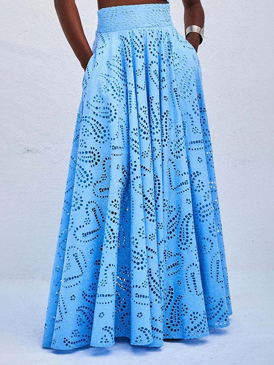 Exquisite Embroidered Hollow Lace Long A-line Skirt