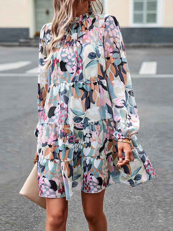 A-line High Waisted Printed Split-joint Tied Mock Neck Mini Dresses