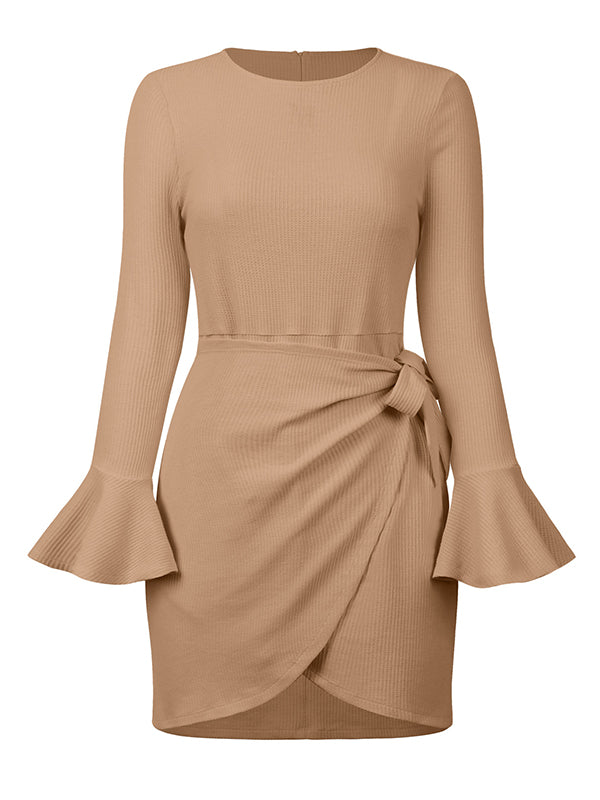 Simple Long Sleeves Skinny Tied Falbala Color Round-neck Mini Dresses