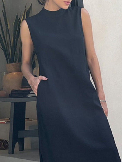 Loose Sleeveless Color Split-side Mock Neck Maxi Dresses
