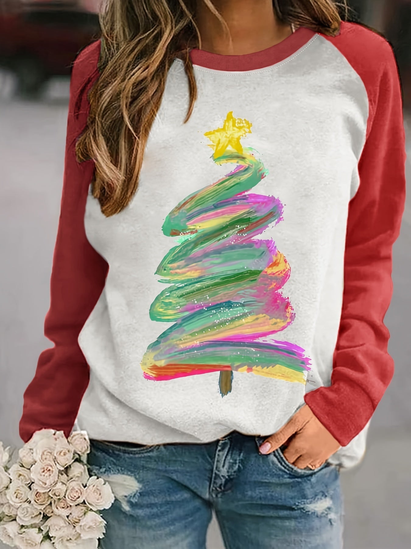 Christmas Tree Print Pullover Sweatshirt Rk6301