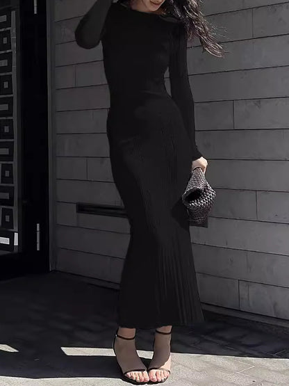 Bodycon Long Sleeves Pleated Color Split-joint Round-neck Evening Dresses Maxi Dresses