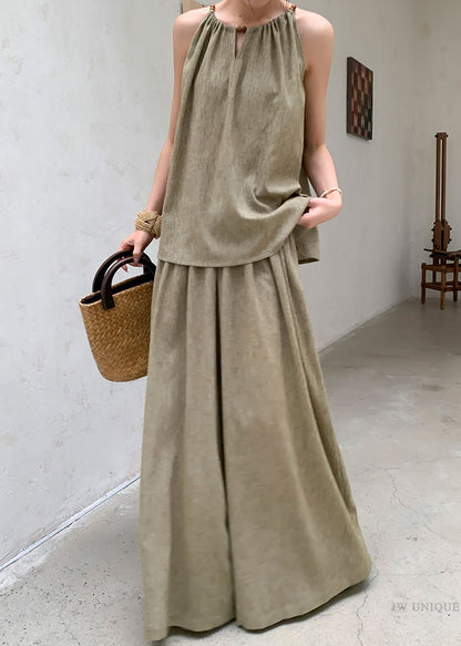 French Green Tops and Pants Linen Two Pieces Set Sleeveless Ee037