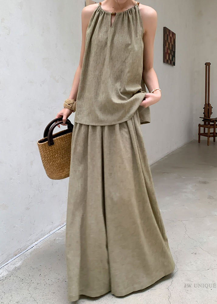 French Green Tops and Pants Linen Two Pieces Set Sleeveless Ee037