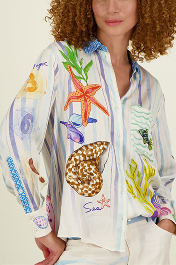 Dream Ocean Satin Unique Print Button Down Pocket Oversized Blouse