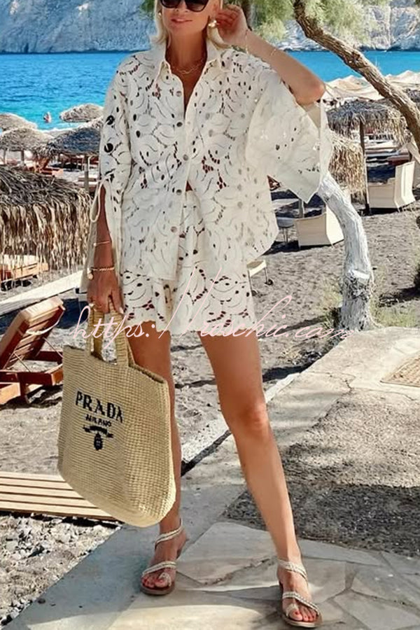 Always Favourite Lace Hollow Tie-up Slit Long Sleeve Shirt and Elastic Waist Shorts Set