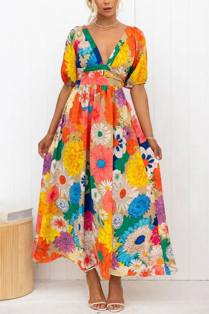 Frenzy Printed Puff Sleeve Back Smocked Maxi Dress