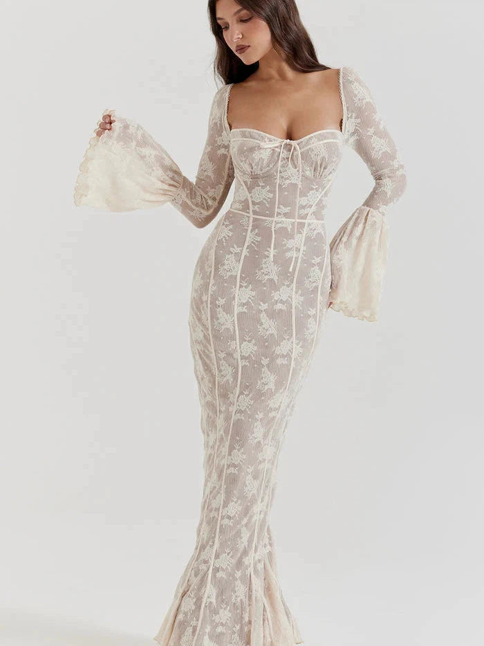 Sweetheart Neck Bell Sleeves Lace Maxi Dress