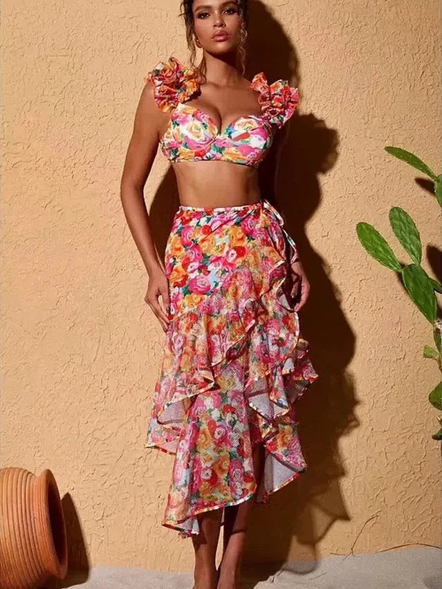 Print Ruffle Bikini Set With Skirt