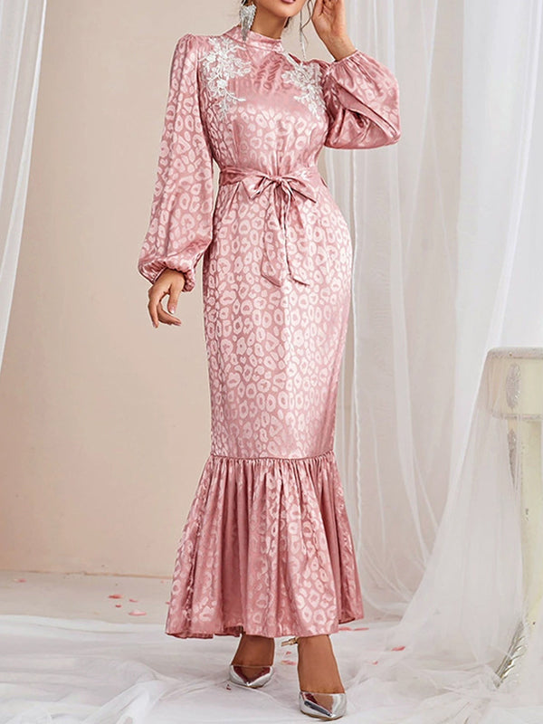 A-line Bishop Sleeve Elasticity Leopard Split-joint Tied Waist Mock Neck Maxi Dresses
