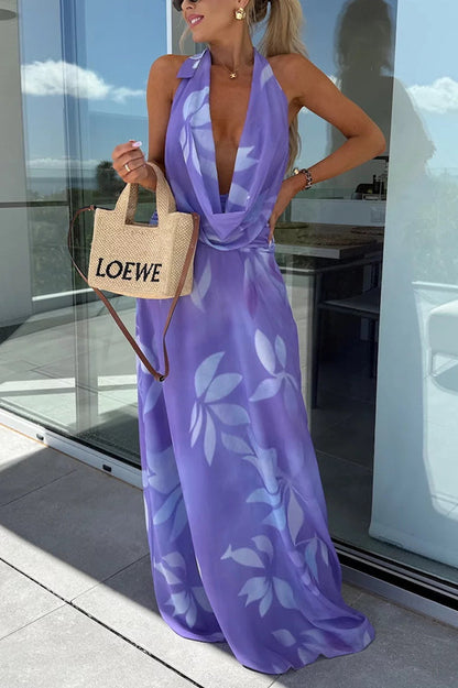 Sleeveless Backless Halter Neck Lace Up Maxi Dress