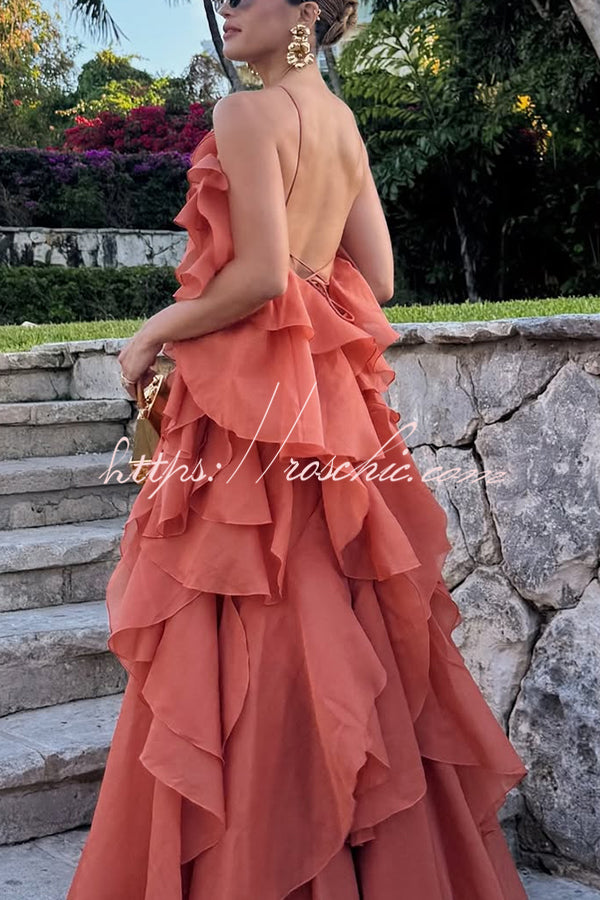 Free - Flowing Rose Detail Tiered Ruffles Halter A-line Maxi Dress