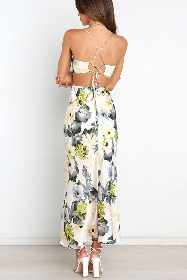 Garden Party Satin Cut Out Back Lace-up Maxi Dress
