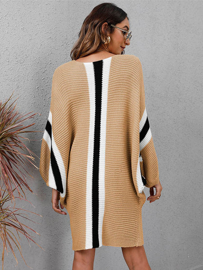 Original Loose 4 Colors Striped Round-neck Batwing Long Sleeves Sweater Dress