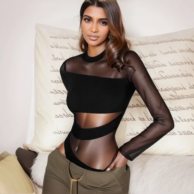 Spring Summer New Cut Cross Hollow Mesh Jumpsuit Long-sleeved Thin O Neck Diagonal Black Charming Bodysuit Clubwear