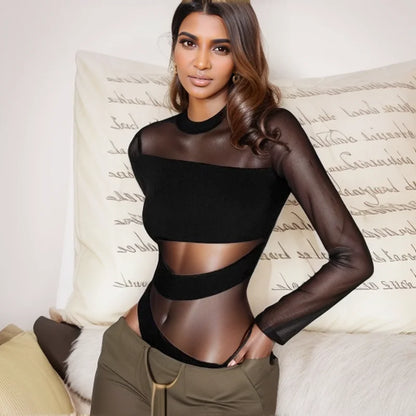 Spring Summer New Cut Cross Hollow Mesh Jumpsuit Long-sleeved Thin O Neck Diagonal Black Charming Bodysuit Clubwear