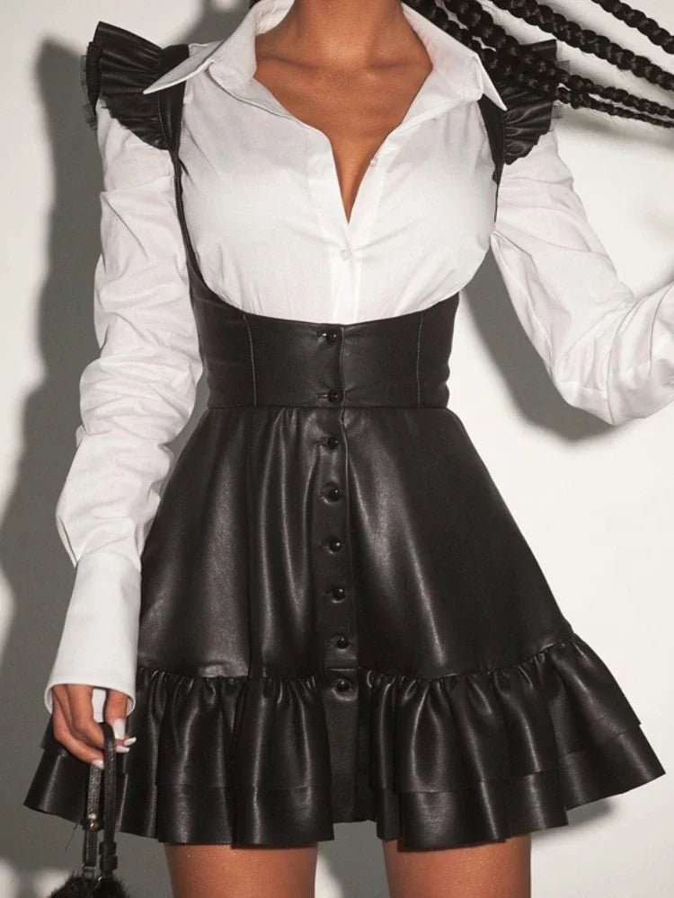 Splice Pu Mini Dress for Slim Woman Long Sleeve Shirts and Hollow Out Sundress 2 Piece Sets Outfits
