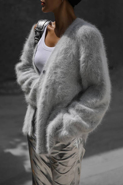 Color Loose V-neck Long-sleeved Lazy Knitted Cardigan
