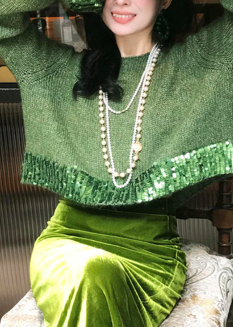 Green Hollow Out Cotton Knit Sweaters and Maxi Skirts Two Piece Set Winter Wv002