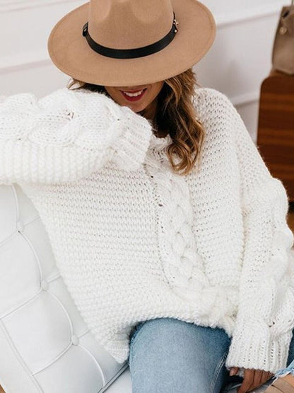 Color V-neck Cable Knit Sweater