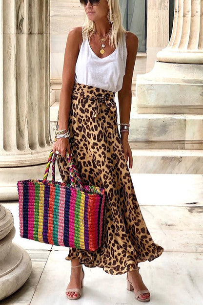 Today��s Journey Satin Leopard Tie Front Elastic Waist Midi Skirt