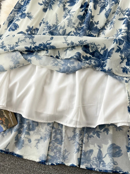 French Blue Printing Beach Long Dress Retro Party Dresses Slim A-line Sleeveless Chiffon Long Robe