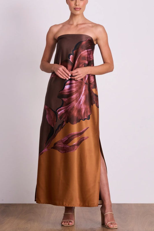 Drawing Inspiration Satin Print Off Shoulder A-line Slit Maxi Dress