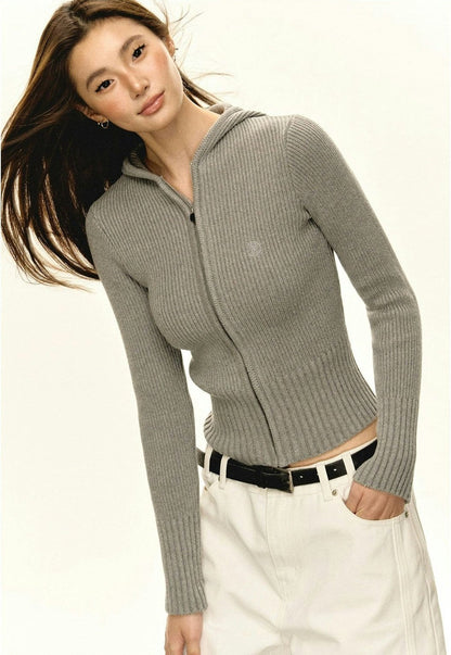 Ribbed Fitted Zip Hooded Sweater