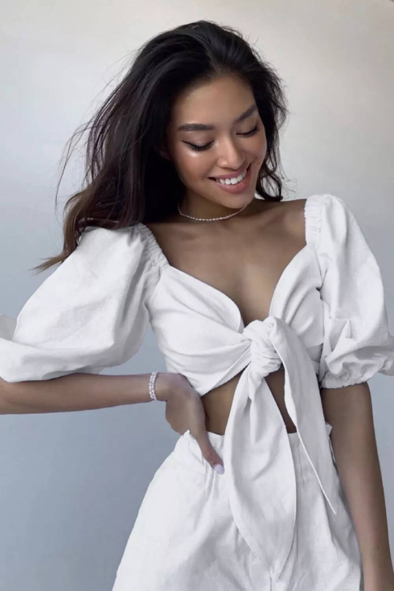Linen Wrap Front Tie Puff Sleeve Shorts Sets in White