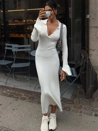 White High Waist Knitwear Dress Rib Lapel Autumn Slim Long Dress Knit Party Dress