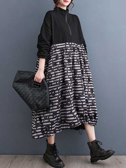 Long Sleeves Loose Drawstring Printed Split-joint Zipper Midi Dresses