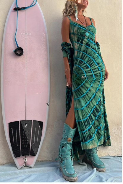 Tie-dye Print Cowl Neck Stretch Slit Midi Dress
