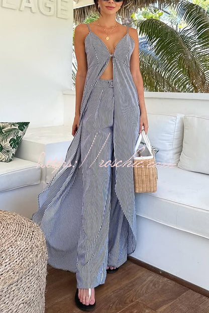 Striped Print Sleeveless Long Top and Loose Straight Pants Set