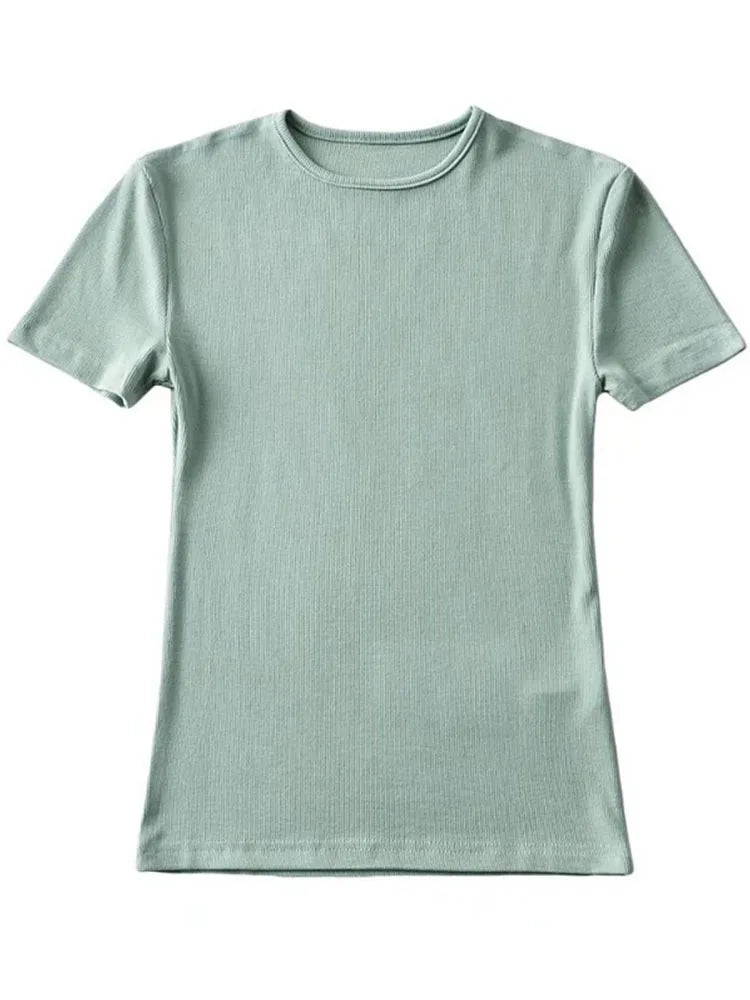Summer Woman Skinny Fit T-shirt Tight Short-sleeve O-neck Tee Basic Crop Tops T Shirt