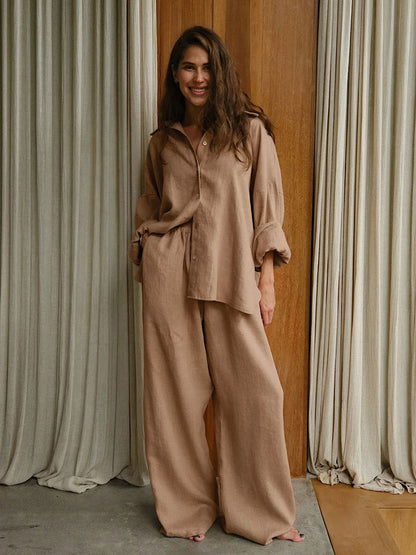 Cotton and Linen Shirt Drawstring Wide-leg Pants Set