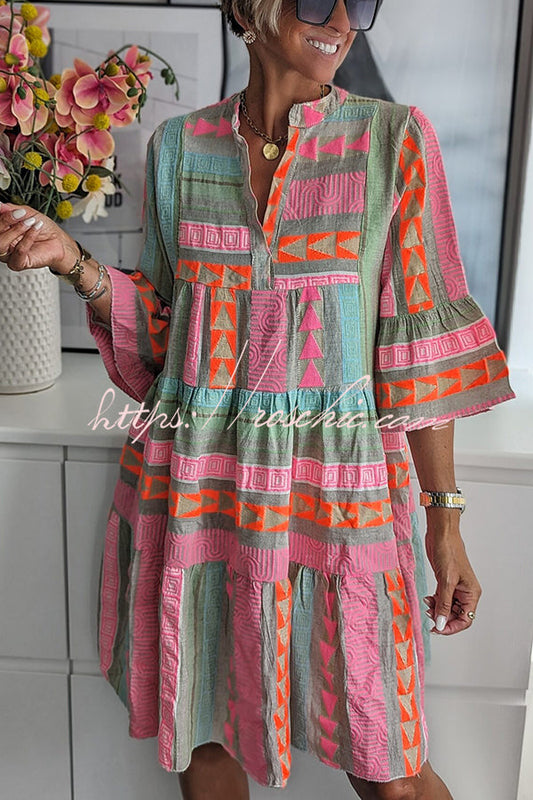 Just My Type Linen Blend Colorful Print Bell Sleeve Babydoll Mini Dress