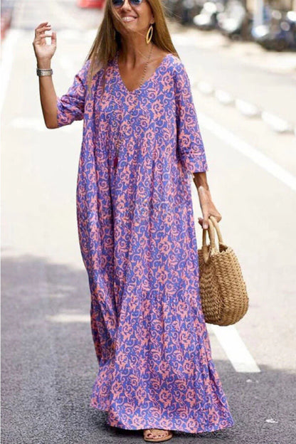 Pattern Printed Half Sleeve Loose Swing Maxi Dresse